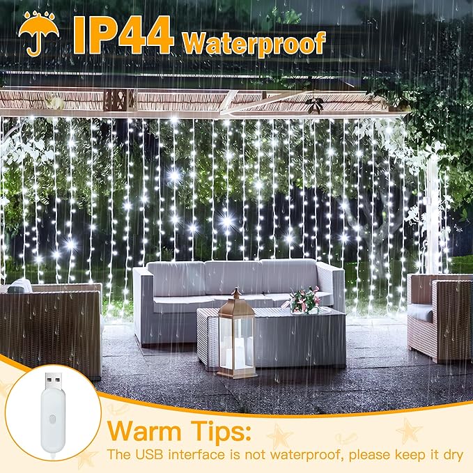 Ollny Curtain Lights 6.6x6.6ft, 200 LED White String Lights with Remote 8 Modes Dimmable Timer, USB Power Fairy Light for Bedroom Backdrop Indoor Wall Window Wedding Decor