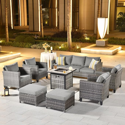 ovios 8 Pieces Patio Furniture Set with 30" Fire Pit Table, Outdoor Wicker Sofa with Comfy Cushions, All Weather High Back Rattan Couch Conversation Set, Dark Grey