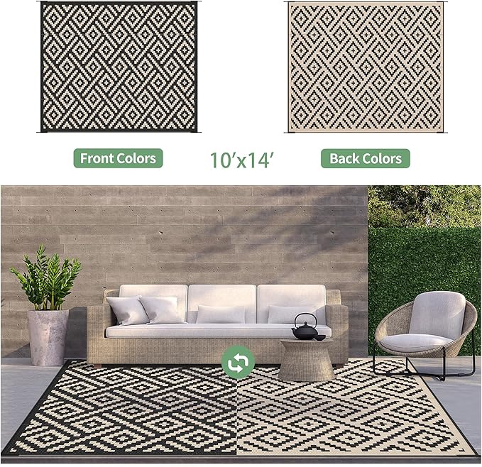 GENIMO Outdoor Rug for Patio Clearance, 10'x14' Waterproof Large Camping Mat, Reversible Plastic Straw Rugs for RV, Camper, Balcony, Backyard, Picnic, Deck (Black & Beige)