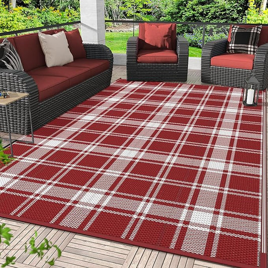 GENIMO Waterproof Outdoor Rug for Patio Clearance, 6'x9' Reversible Plastic Straw Rugs, Lightweight RV Camping Mat for Camper, Balcony, Deck, Backyard, Picnic, Red & White