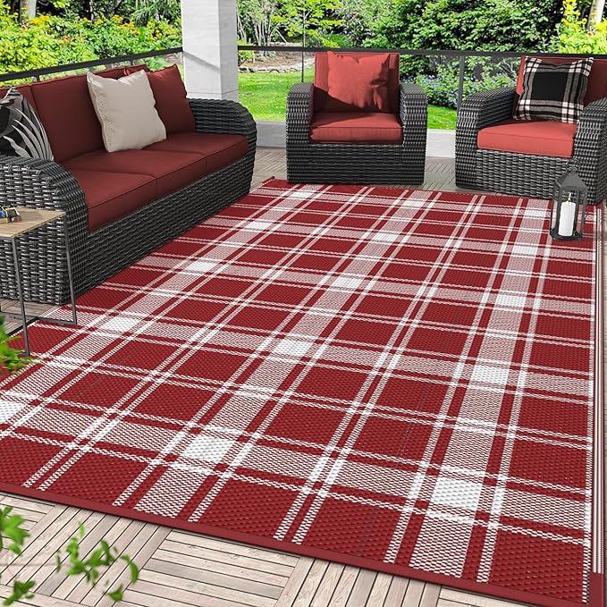 GENIMO Waterproof Outdoor Rug for Patio Clearance, 5'x8' Reversible Plastic Straw Rugs, Lightweight RV Camping Mat for Camper, Balcony, Deck, Backyard, Picnic, Red & White