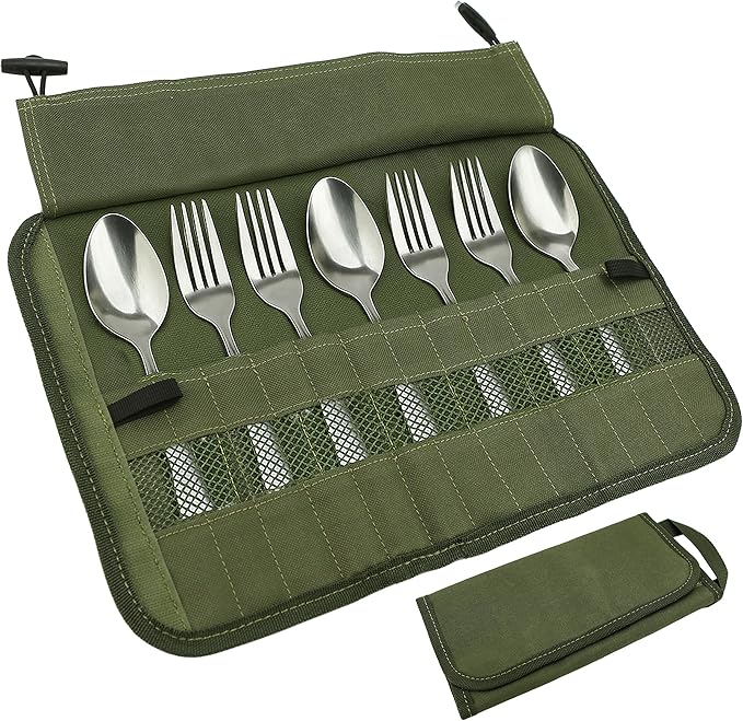 Camping Utensil Roll Bag, Waterproof Chef Knife Cutlery Up Pouch Bag with 13 Slots For Fork, Spoon, Chopstick, Portable Professional Case Hold Storage Kitchen Cooking Set Travel Organizer, Army Green