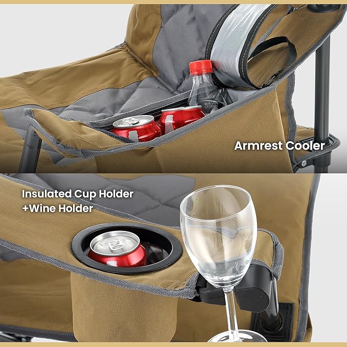 ARROWHEAD OUTDOOR Portable Folding Camping Quad Chair w/ 6-Can Cooler, Cup & Wine Glass Holders, Heavy-Duty Carrying Bag, Padded Armrests, Headrest & Seat, Supports up to 550lbs, USA-Based Support