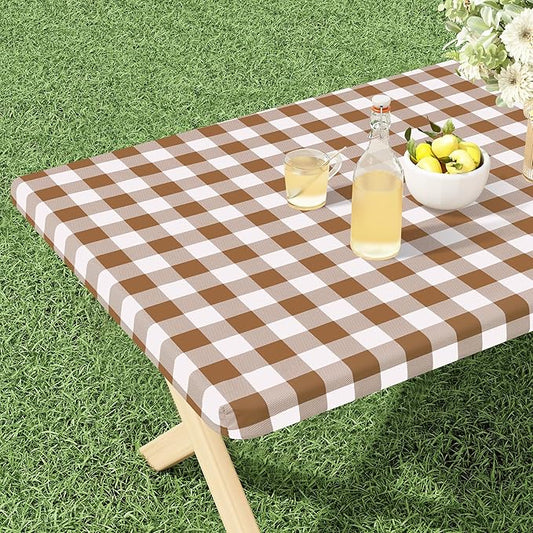misaya Buffalo Rectangle Picnic Tablecloth, 4 Foot Elastic Fitted Vinyl Table Cloth with Flannel Backing, Waterproof Plaid Table Covers for Dining, Camping, Outdoor (Brown and White, 24" x 48")