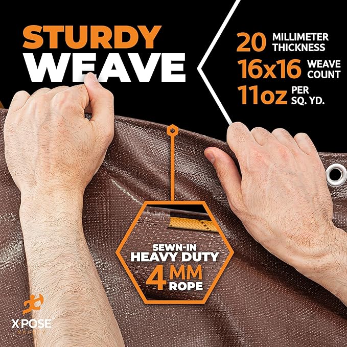 Xpose Safety 20 Mil Ultra Heavy Duty Tarp - 10' x 10' Brown/White, Waterproof, UV Protection, Reinforced Corners