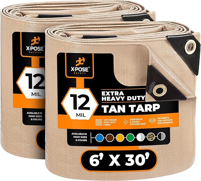 Heavy Duty Tan Poly Tarp 6' X 30' (2-Pack) - Multipurpose Protective Cover - Durable, Waterproof, Weather Proof, Rip and Tear Resistant - Extra Thick 12 Mil Polyethylene - by Xpose Safety