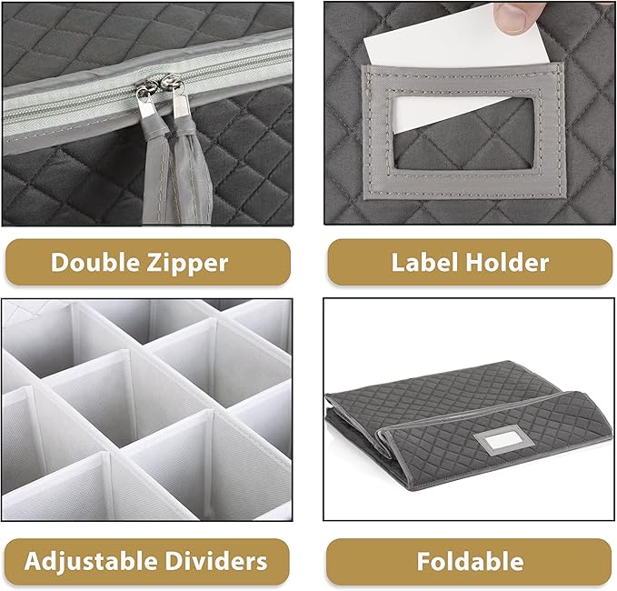 Stack Store Plus More China Cup Storage Chest - Quilted Fabric Container in Gray Measuring 16" x 13" x 6"H - Perfect Storage Case for Coffee Mugs - Tea Cups - Mason Jars - Glassware