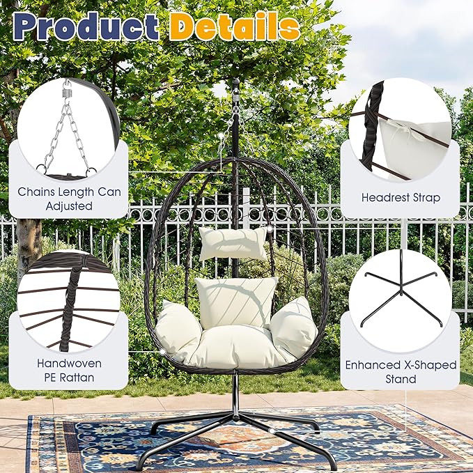 Egg Chair with Stand, Patio Wicker Bifanuo Hanging Chair, Hammock Swing Chair, 350LBS Capacity for Bedroom, Balcony, Garden(BR-BE)