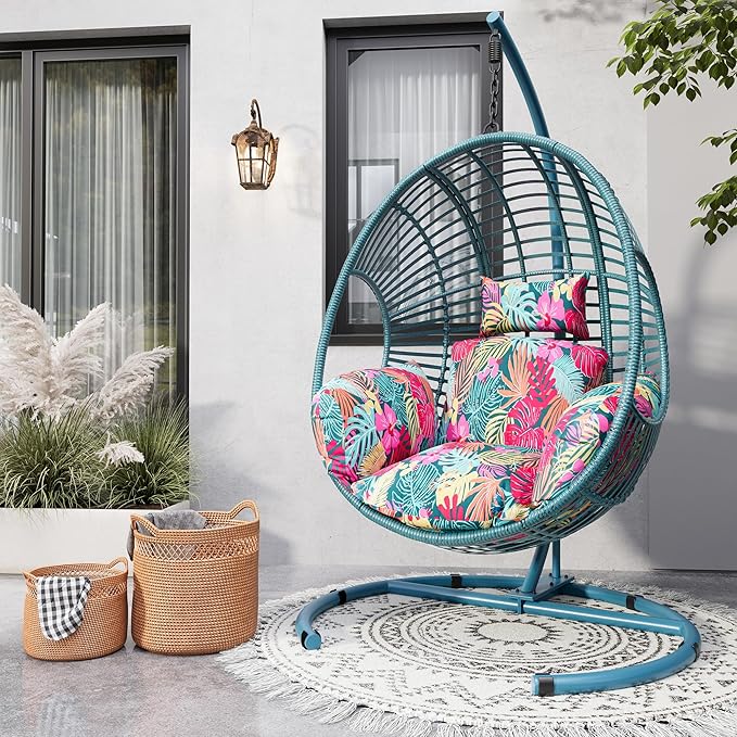 Oversized Hanging Egg Chair Outdoor Indoor, Wicker Swing Egg Chair with Stand 400lbs Capacity for Bedroom, Patio, Garden and Balcony (Hawaii Blue-Regular, Oversize)