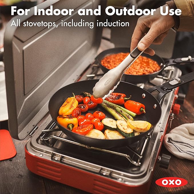 OXO Outdoor Pre-Seasoned Carbon Steel 12" Frying Pan Skillet, Detachable Handle for Easy Storage, Indoor Use, Nonstick with Use, Induction Suitable,Oven & Broiler Safe,Browning, Grill,Sear,Saute,Black