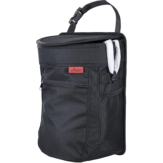 Lusso Gear Spill-Proof Car Trash Can - 2.5-Gallon Black Round - Leak-Proof Lid & Waterproof Removable Liner - Hanging Car Trash Bin & Organizer for SUV, Truck & Minivan