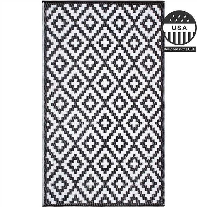 FH Home Outdoor Camping Rug - Waterproof, Fade Resistant, Reversible - Premium Recycled Plastic - Geometric - Large Patio, Deck, Sunroom, RV - Aztec - Black & White - 9 x 12 ft Foldable
