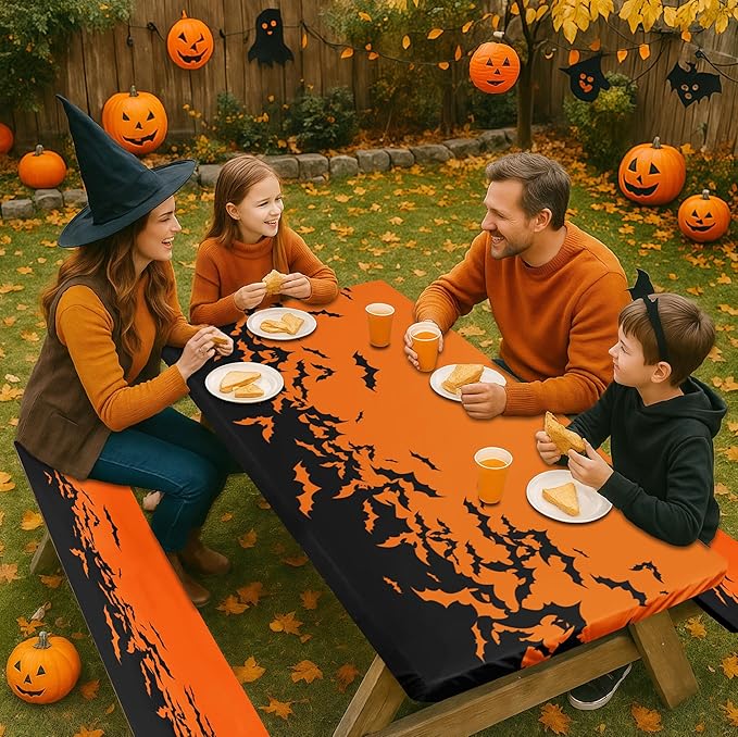 Picnic Table Cover with Bench Covers Elastic Edges, Horror Halloween Fitted Table Cover, Outdoor Camping Essentials 72 Inch 3PCS, Waterproof Camping Fitted Tablecloth with Drawstring Bag