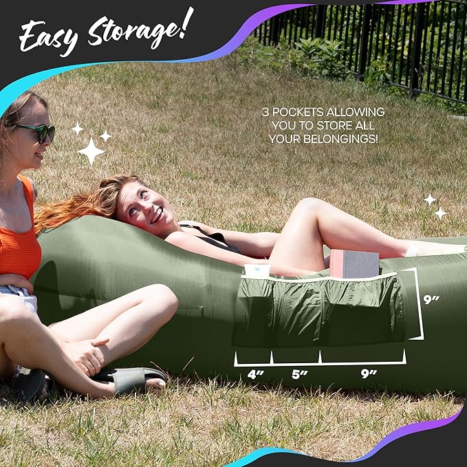 Nevlers Inflatable Lounger | 210T Polyester Inflatable Chair | No-Pump Blow Up Couch | Camping Couch Air Sofa Bed w/ 450 lbs. Cap., Pockets & Matching Bag | Use as Inflatable Couch for Adults & Kids
