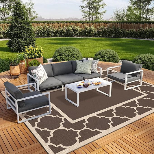 GENIMO 10 ' x 14 ' Outdoor Rug Waterproof for Patio Decor, Foldable Reversible Plastic Straw Area Rugs Mat for Camper, Outside Carpet for Rv, Deck, Porch, Picnic, Beach, Balcony, Coffee & Beige