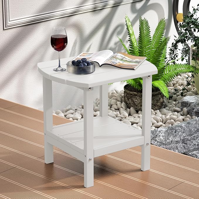 TORVA Patio Adirondack Side Table, Outdoor End Tables All-Weather Resistant HDPE Humidity-Proof Long Time Use for Deck, Lawn,Garden, Porch, Backyard End Table（White Color）(2 Tier)
