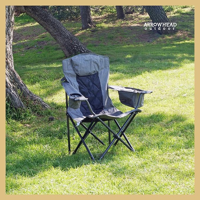 ARROWHEAD OUTDOOR Portable Folding Camping Quad Chair w/ 6-Can Cooler, Cup & Wine Glass Holders, Heavy-Duty Carrying Bag, Padded Armrests, Headrest & Seat, Supports up to 550lbs, USA-Based Support