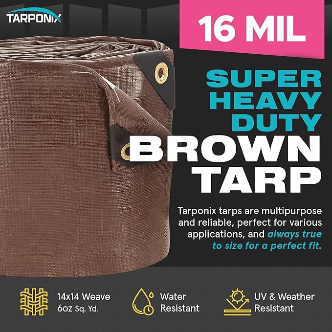Super Heavy-Duty Brown Tarp 18' x 24' – 16 Mil Thick, All-Weather Waterproof Cover with Reinforced Edges and Sturdy Grommets