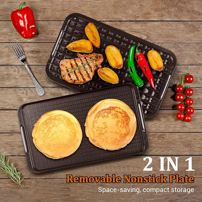 Indoor Smokeless Grill, Techwood 1500W Electric Indoor Grill with Tempered Glass Lid, Portable Non-stick BBQ Korean Grill, Turbo Smoke Extractor Technology, Drip Tray& Double Removable Plate, Black