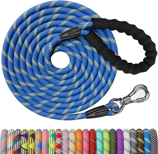 NTR 20FT Dog Leash, Blue Check Cord with Swivel Lockable Hook and Comfortable Padded Handle for Pink Leash for Small Medium and Large Dogs Walking Training Hiking Camping Playing