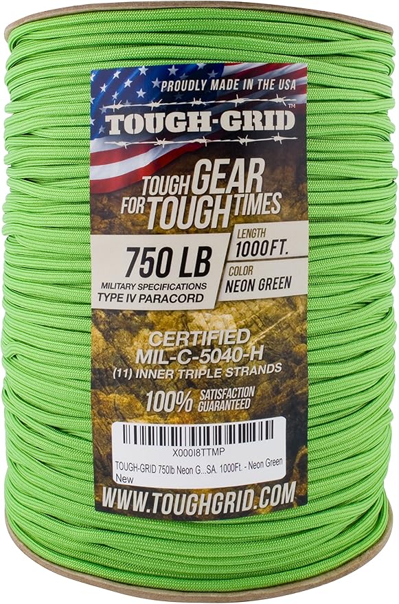 TOUGH-GRID Paracord Rope 750 lbs Nylon Parachute Cord, Made in USA Survival Kit, Outdoor Adventures, Camping, Tactical Gear & Emergency Supplies, Military Type IV Mil-Spec