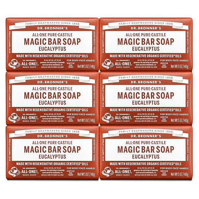 Dr. Bronner's Pure-Castile Magic Soap Bars (Eucalyptus, 5 oz, 6-Pack)- Made with Regenerative Organic Certified Oils for Face, Body & Hair - Gentle, Vegan- Bar Soaps for Men & Women