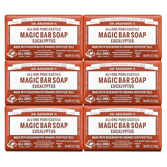 Dr. Bronner's Pure-Castile Magic Soap Bars (Eucalyptus, 5 oz, 6-Pack)- Made with Regenerative Organic Certified Oils for Face, Body & Hair - Gentle, Vegan- Bar Soaps for Men & Women