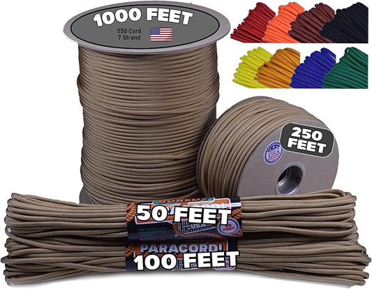 BORED? PARACORD! 550 lb Paracord - Ideal for Crafting, Camping, DIY Projects, Active & Military Outdoors - Strong Survival Rope - Tactical Parachute Cord Type III - Gold 250 Feet