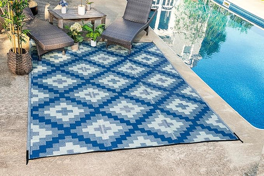 FH Home Outdoor Camping Rug - Waterproof, Fade Resistant, Reversible - Premium Recycled Plastic - Geometric - Large Patio, Deck, Sunroom, RV - Aztec Kilim - Blue Multi - 9 x 12 ft Foldable