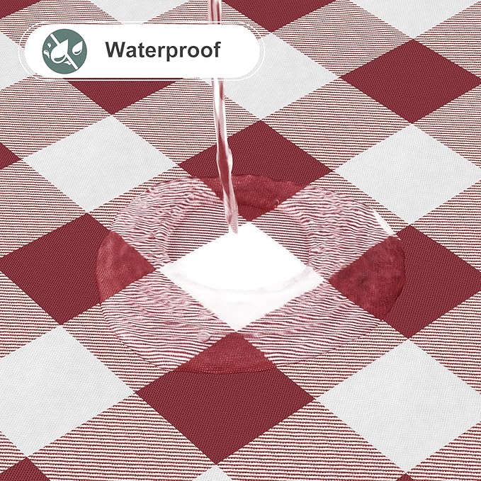 misaya Round Waterproof Vinyl Table Cloth, Buffalo Flannel Backed Tablecloth, Wipeable Plastic Table Cover for Dinner, Kitchen, Picnic (60", Burgundy and White)