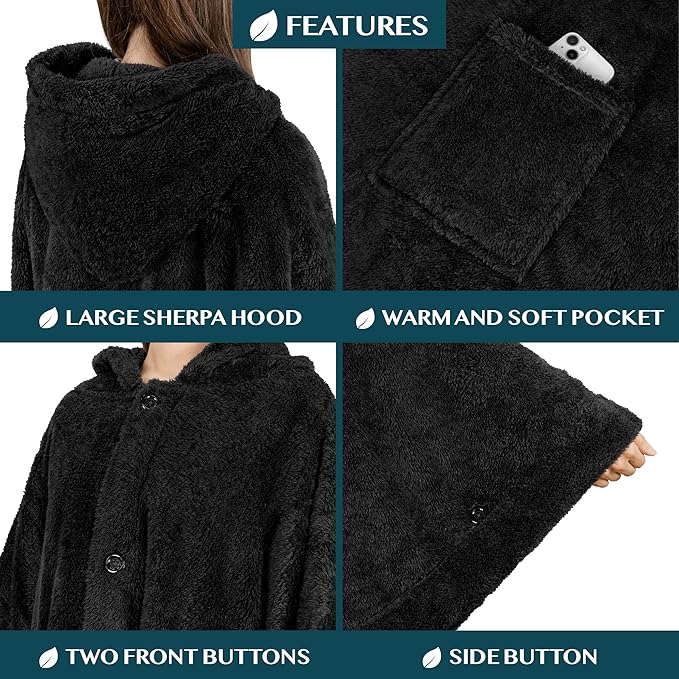 PAVILIA Angel Wrap Hooded Blanket Poncho, Wearable Blanket Throw Wrap Poncho for Women Adult, Cozy Fluffy Sherpa Fleece Shawl Cape with Hood pockets, Warm Gift for Mom Wife, Black
