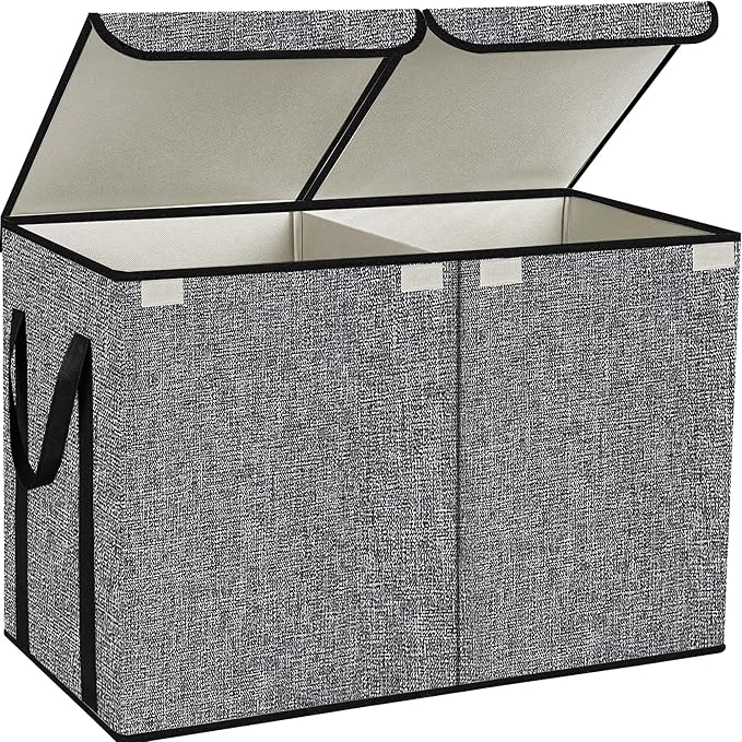 Large Kids Toy Box Chest Storage organizer with Double Flip-Top Lid - Collapsible Sturdy Toy Organizers And Storage Bins With Big Handles For Nursery, Playroom, 26.8"x13.8"x16"(Grey)