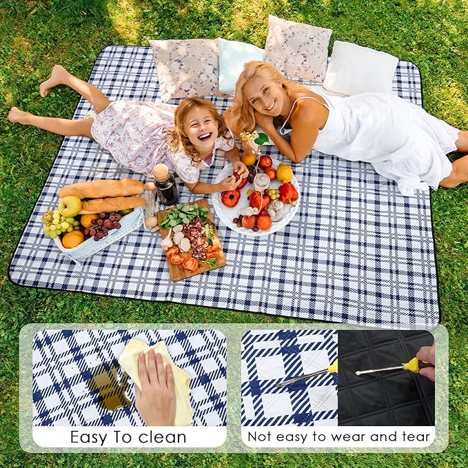 Picnic Blanket 80''x80'' Extra Large Outdoor Blanket, Waterproof, Sandproof, Machine Washable, Tear Resistant, Foldable Picnic Mat for Camping, Grass, Park, Travel, Beach – Blue