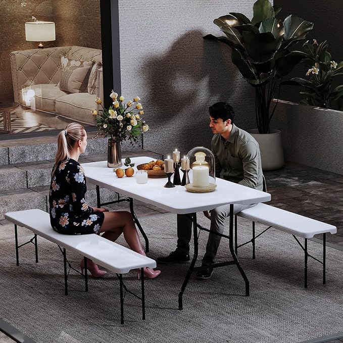 Real Relax 6' Picnic Table with 2 Benches, 3 Piece White Portable HDPE Folding Camping Table and Benches for Courtyard, Garden, Outdoor Leisure, Party