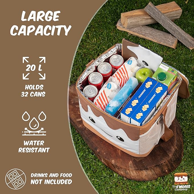 THE S'MORES COMPANY - Smores Caddy, Large Marshmallow Cooler Bag - Smores Kit for Fire Pit & Campfire Accessories, Cute Insulated Collapsible Bag for Picnic, Camping, Glamping, Date Night
