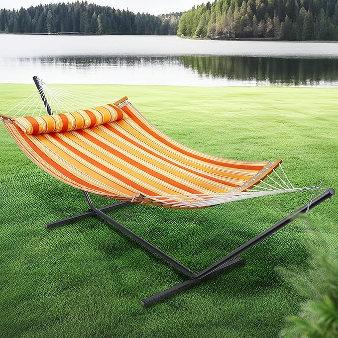 SUPERJARE Hammock with Stand, 2 Person Heavy Duty Hammock with Padded Cotton, Detachable Pillow & Strong Curved-Bar & Portable Carrying Bag, Perfect for Outdoor & Indoor - Tangerine