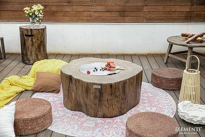 Elementi | Bundle Manchester Gas Fire Pit Cast Concrete Semi-Round Fire Table, Outdoor Fire Pit Electronic Ignition | Canvas Cover, Lava Rock Included | Red Wood (Propane Gas)