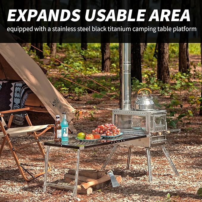 Stainless Steel Portable Wood Burning Stove with Oven & Camping Table, 6 Chimney Pipe for Outdoor Camping, Cooking, Tents, BBQ, Hiking, Fishing, Backpacking