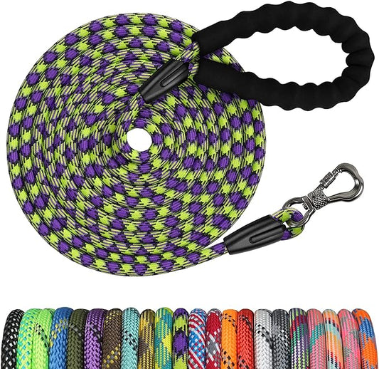 NTR Long Leash for Dog Training, 30FT Dog Leashes for Large Breed Dogs with Swivel Lockable Hook and Comfortable Padded Handle,Dog Lead Check Cord for Small Medium and Large Dogs, Purple/Green