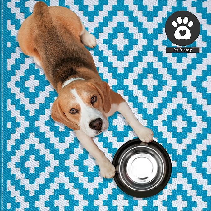 FH Home Outdoor Rug - Waterproof, Fade Resistant, Reversible - Premium Recycled Plastic - Geometric - Patio, Deck, Porch, Balcony, Laundry Room - Aztec - Teal & White Crease Free - 4 x 6 ft