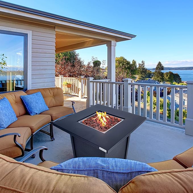 SereneLife Outdoor Propane Fire Pit Table - 40,000 BTU Square Gas Fire Table with Steel Top, Rattan-Style Panels, 6.6 lbs Lava Rock Set, Pulse Ignition for Patio & Backyard Heating, 28 x 28 x 24 in