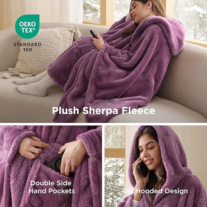 Bedsure Blanket Poncho for Women, Hooded Wearable Fleece Blanket for Adult, Winter Poncho Shawl Wrap Cape as Gifts for Mom