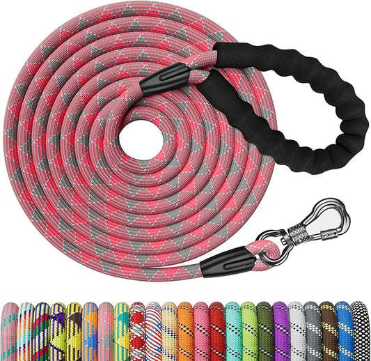 NTR 15FT Training Leash for Dogs, Pink Dog Rope Leash with Swivel Lockable Hook and Comfortable Padded Handle, Dog Lead line for Walking, Hunting, Camping, Backyard for Small Medium and Large Dogs