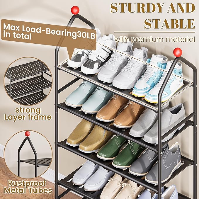 Shoe Rack, 5-Tier Shoe Organizer, Metal Storage Shelf, Shoe Rack for Closet, Free Standing Shoe Racks for Entryway, Garage & Doorway, Sturdy Shoe Shelves, Black