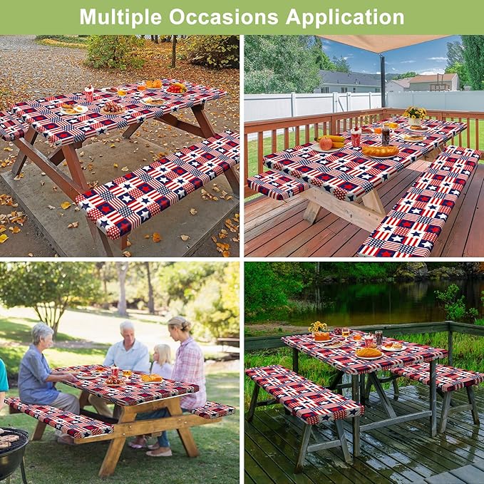 Picnic Table Cover with Bench Covers Camping Essentials Waterproof Windproof Camping Tablecloth with Drawstring Bag, Fitted Rectangle Tables and Seats, 60in, Red Blue Checkered