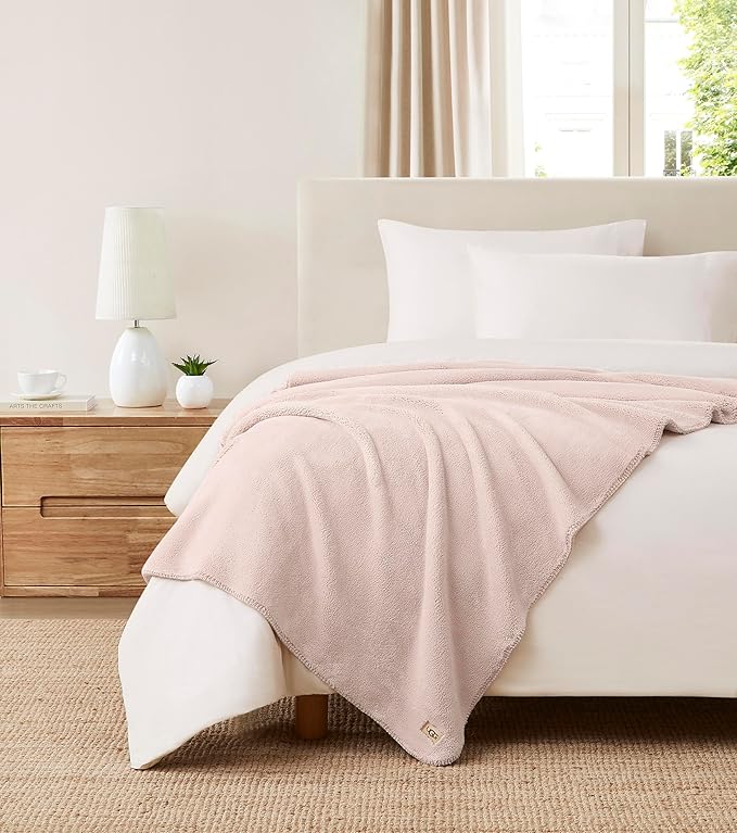 UGG Whitecap Plush Throw Blanket Fleece Lightweight Soft Throw for Couch or Bed Luxury Home Decor for Living Room Washable Hypoallergenic Blankets for Dorm Decor, 50-inch x 70-inch, Light Pink Quartz
