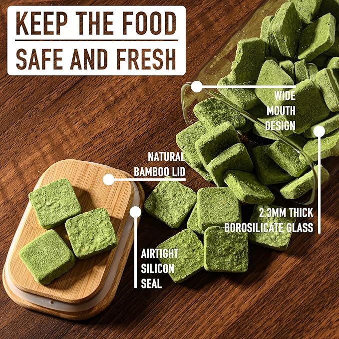 37oz Rectangle Airtight Glass Storage Containers with Bamboo Lids (Set of 6), Square Food Storage Jar, Pantry Organizers for Cereal, Nuts, Snacks and Coffee beans (‎with Black Lable)