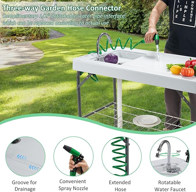 Dragosum Outdoor Sink Fish Cleaning Table Portable Camping Table with Faucet Hose Hook Up Grid Rack, Fish Fillet Camping Sink Table, Fish Cleaning Kit for Picnic Beach Patio