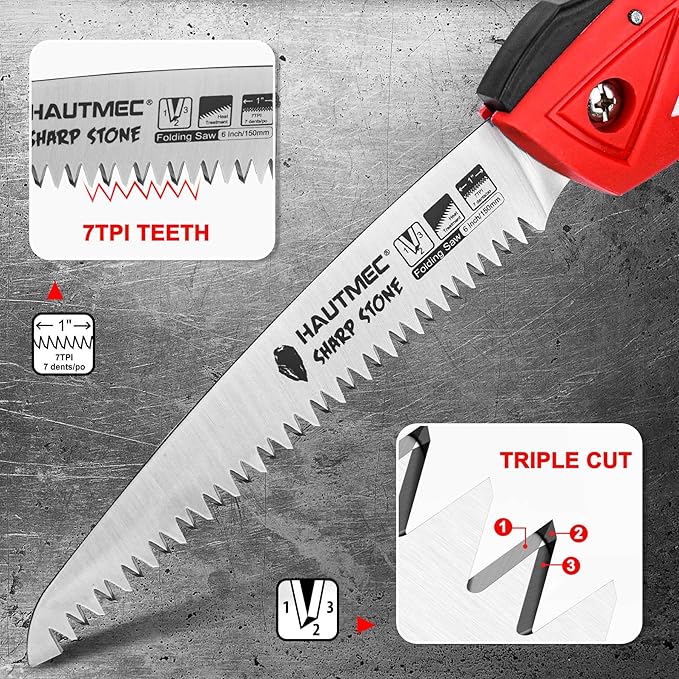 HAUTMEC 6" Folding Pruning Saw, Pro Folding Saw of Sharp Stone Serie, SK5 Foldable Blade Triple-cut Teeth, for Wood Cutting, Garden Camping, Landscaping, Tree Trimming HT0303