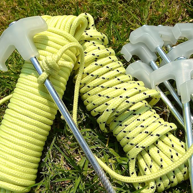 Wellmax 10PC Tent Stakes Heavy Duty with 2 Pack Glow in Dark Polypropylene Rope 3/16" x50ft and 1/4" x50ft